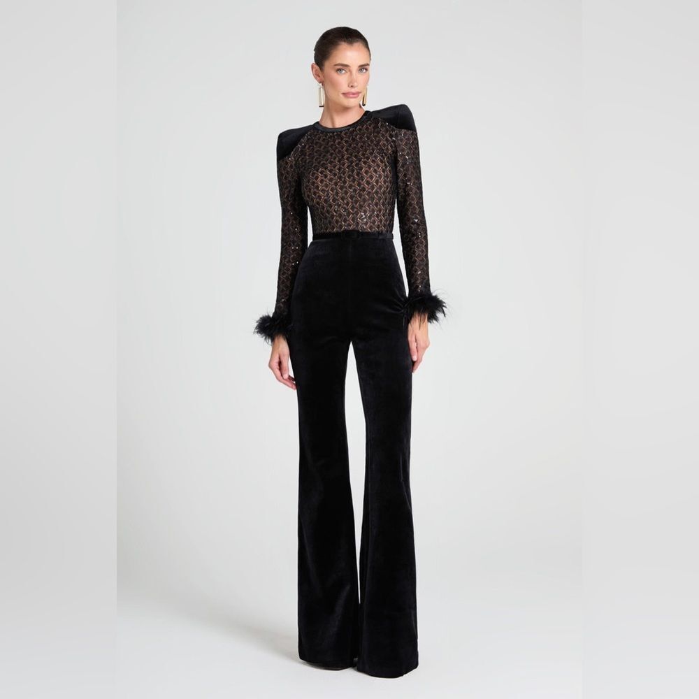 Nadine Merabi Monique Flare Black Jumpsuit With Sheer Pattern Size Xlarge